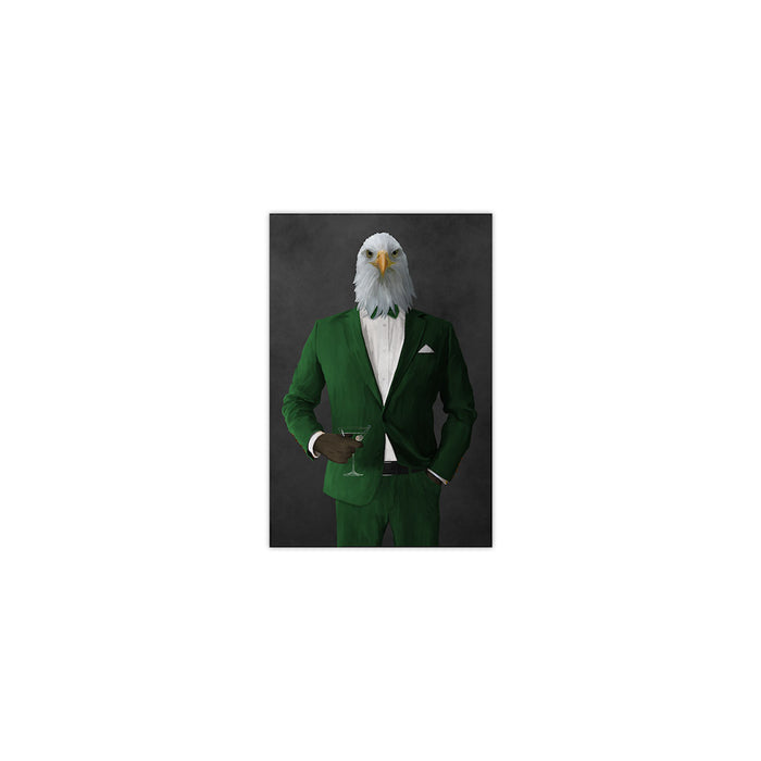 Bald eagle drinking martini wearing green suit small wall art print