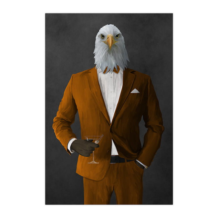 Bald eagle drinking martini wearing orange suit large wall art print