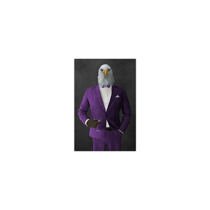 Bald eagle drinking martini wearing purple suit small wall art print
