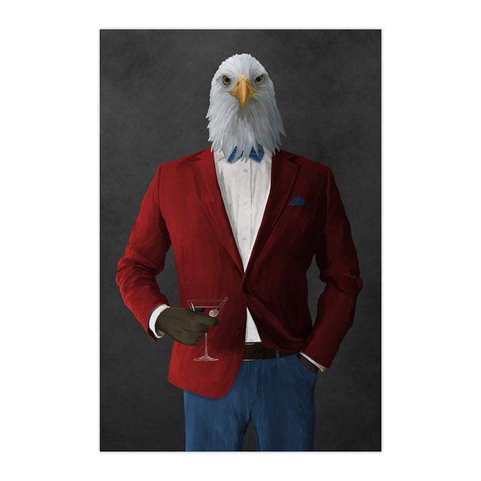 Bald eagle drinking martini wearing red and blue suit large wall art print