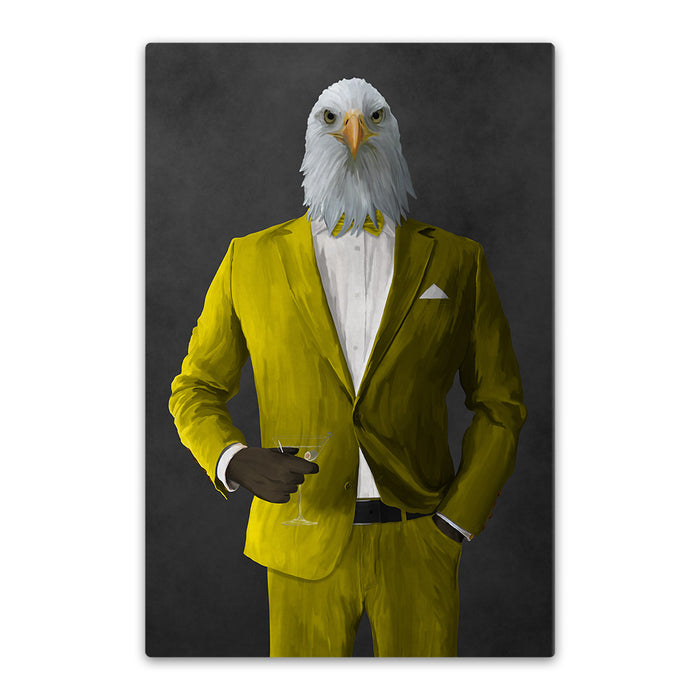 Bald eagle drinking martini wearing yellow suit canvas wall art