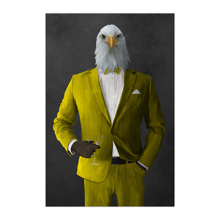 Bald eagle drinking martini wearing yellow suit large wall art print