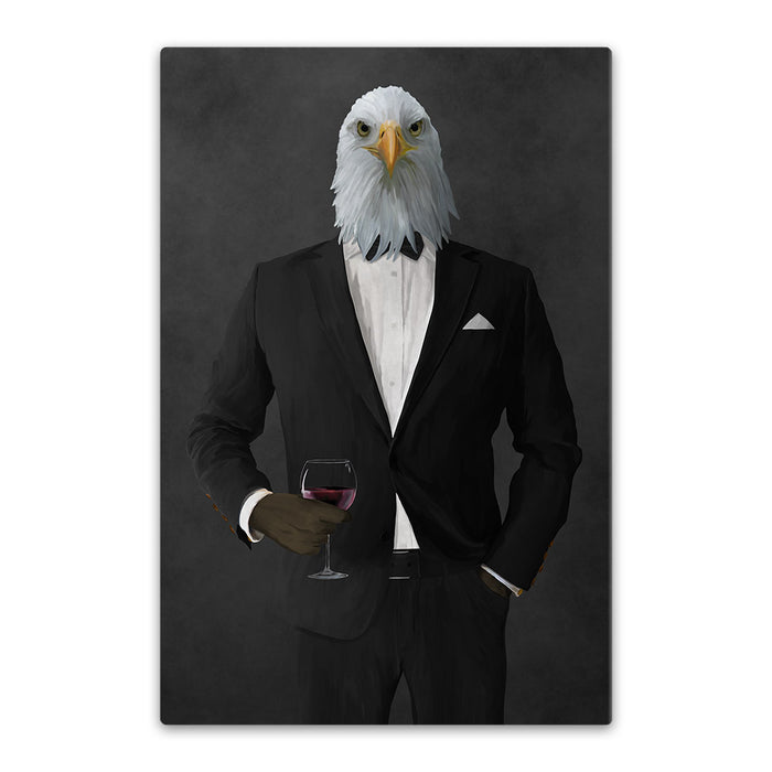Bald eagle drinking red wine wearing black suit canvas wall art