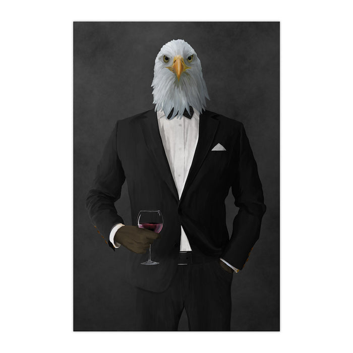 Bald eagle drinking red wine wearing black suit large wall art print