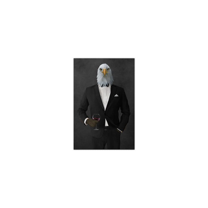 Bald eagle drinking red wine wearing black suit small wall art print