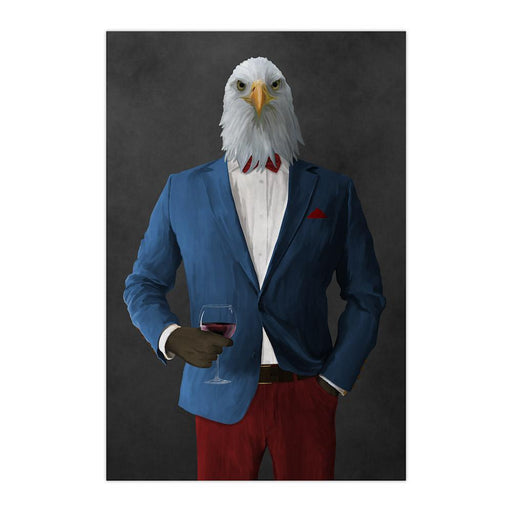Bald eagle drinking red wine wearing blue and red suit large wall art print