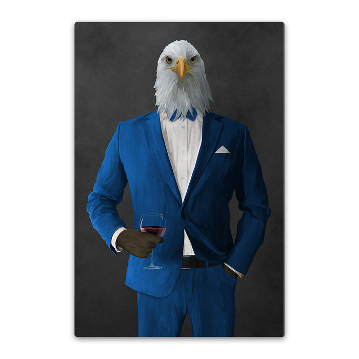 Bald eagle drinking red wine wearing blue suit canvas wall art