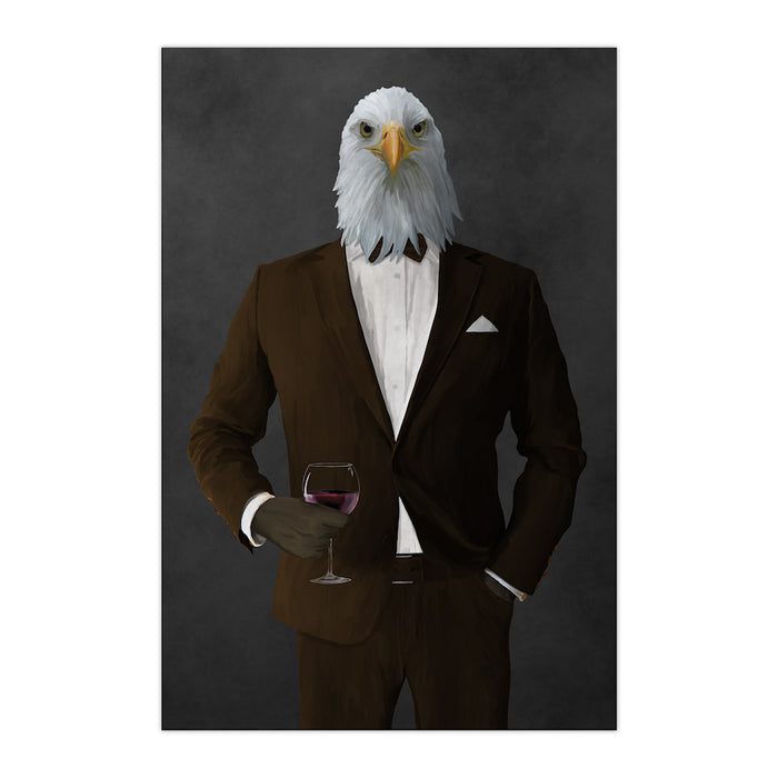 Bald eagle drinking red wine wearing brown suit large wall art print