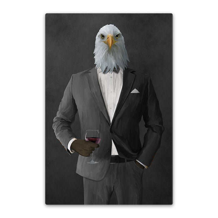 Bald eagle drinking red wine wearing gray suit canvas wall art