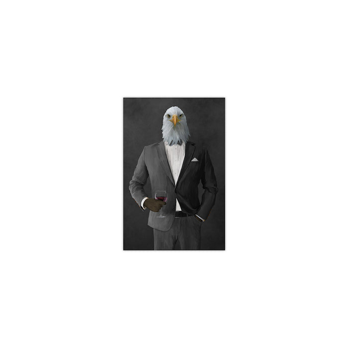 Bald eagle drinking red wine wearing gray suit small wall art print