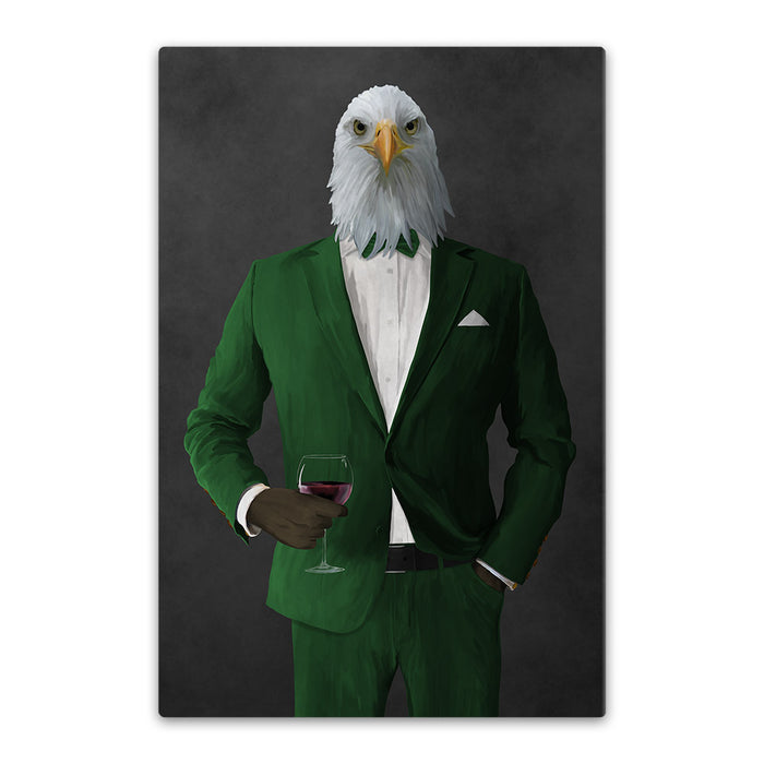 Bald eagle drinking red wine wearing green suit canvas wall art