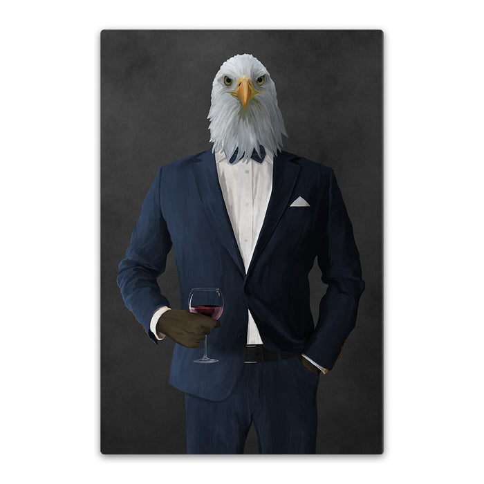 Bald eagle drinking red wine wearing navy suit canvas wall art