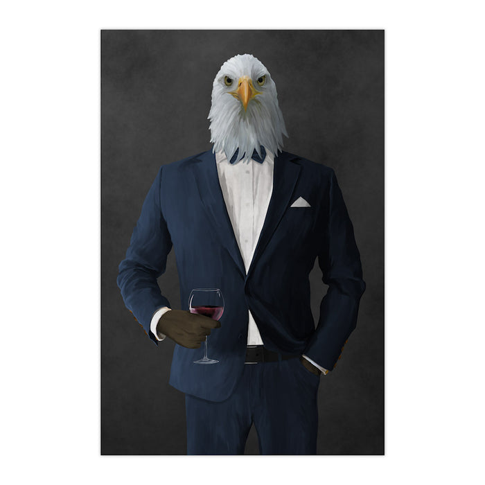 Bald eagle drinking red wine wearing navy suit large wall art print