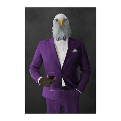Bald eagle drinking red wine wearing purple suit large wall art print