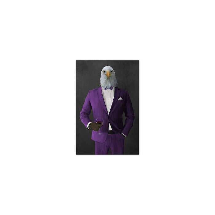 Bald eagle drinking red wine wearing purple suit small wall art print