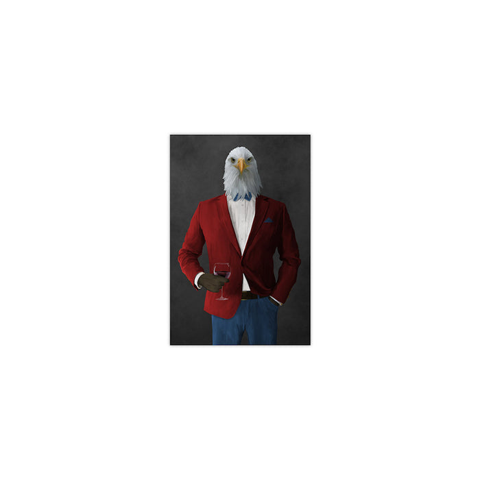 Bald eagle drinking red wine wearing red and blue suit small wall art print