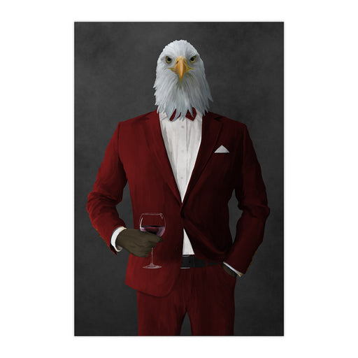 Bald eagle drinking red wine wearing red suit large wall art print