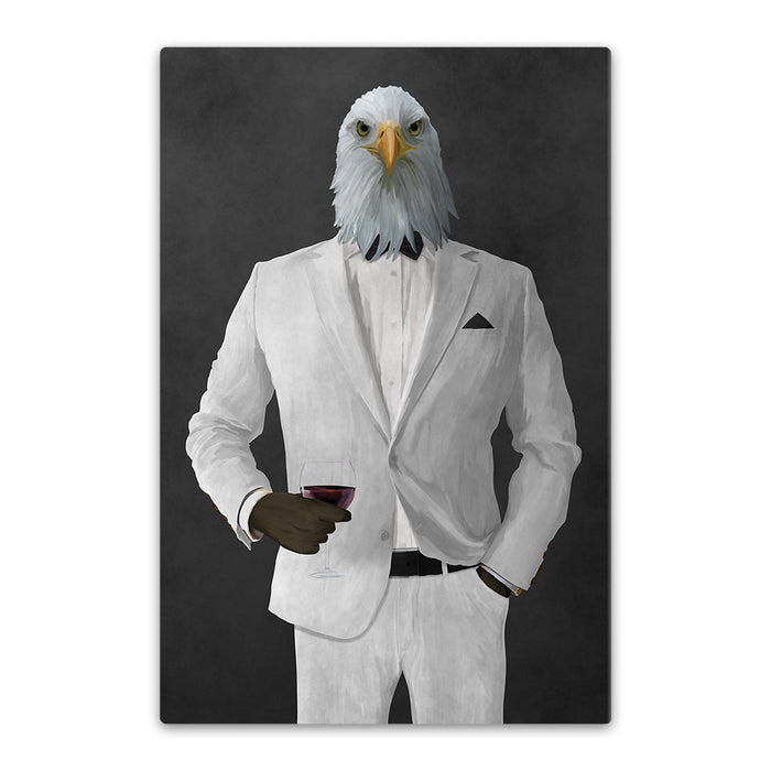 Bald eagle drinking red wine wearing white suit canvas wall art