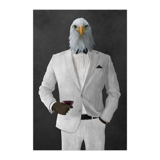 Bald eagle drinking red wine wearing white suit large wall art print