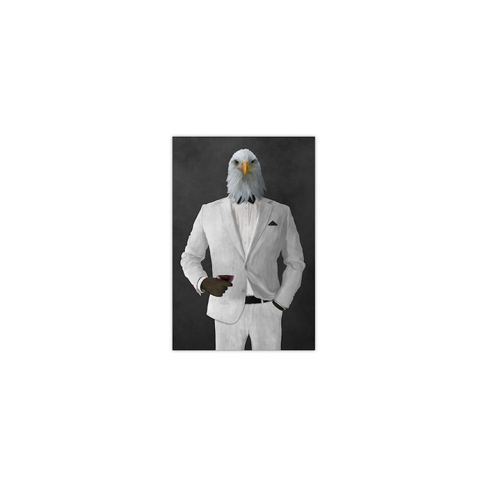 Bald eagle drinking red wine wearing white suit small wall art print