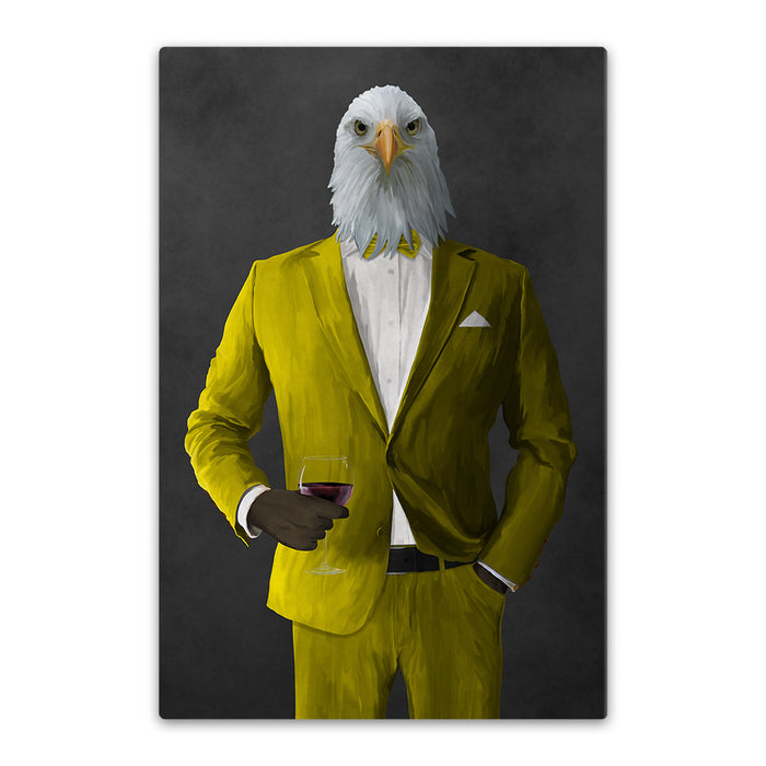 Bald eagle drinking red wine wearing yellow suit canvas wall art