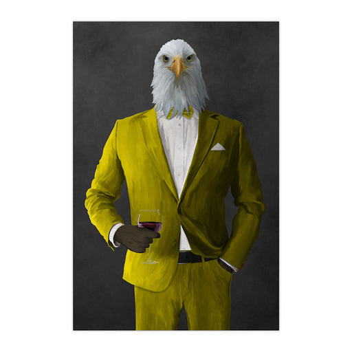 Bald eagle drinking red wine wearing yellow suit large wall art print