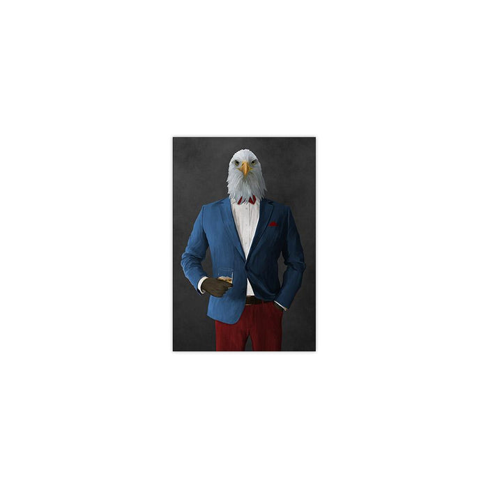 Bald eagle drinking whiskey wearing blue and red suit small wall art print
