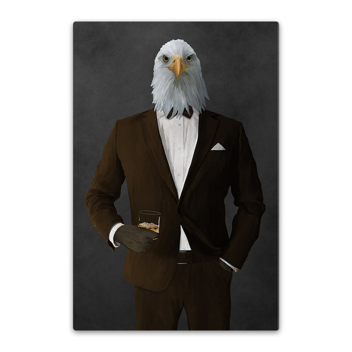 Bald eagle drinking whiskey wearing brown suit canvas wall art