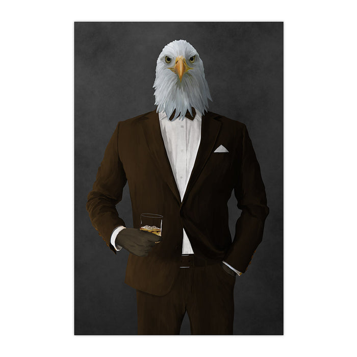 Bald eagle drinking whiskey wearing brown suit large wall art print