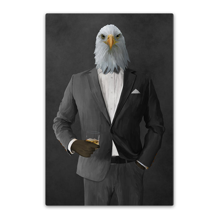 Bald eagle drinking whiskey wearing gray suit canvas wall art