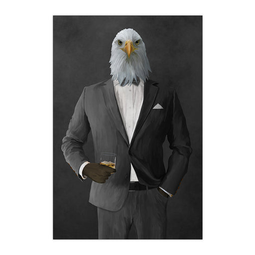Bald eagle drinking whiskey wearing gray suit large wall art print