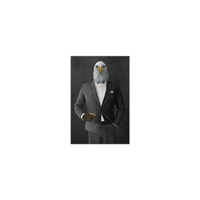 Bald eagle drinking whiskey wearing gray suit small wall art print