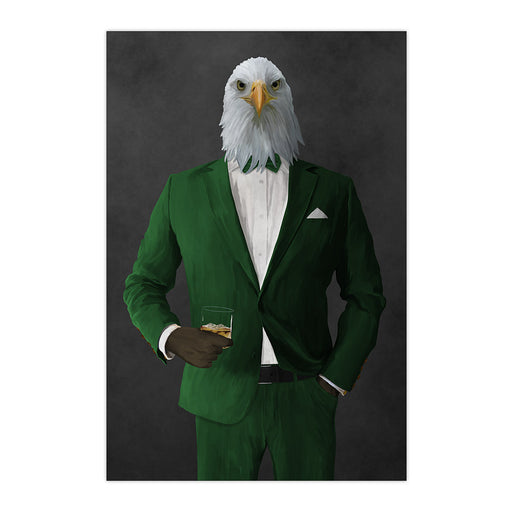 Bald eagle drinking whiskey wearing green suit large wall art print
