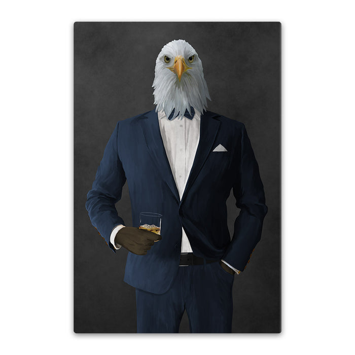 Bald eagle drinking whiskey wearing navy suit canvas wall art