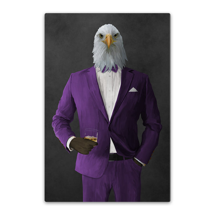 Bald eagle drinking whiskey wearing purple suit canvas wall art