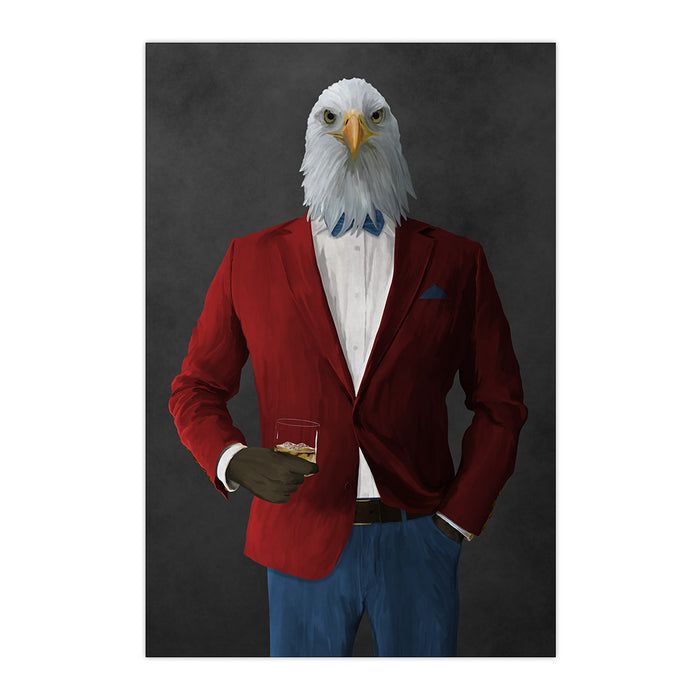 Bald eagle drinking whiskey wearing red and blue suit large wall art print