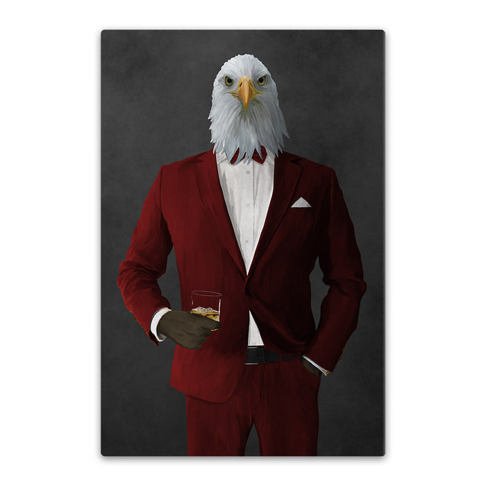 Bald eagle drinking whiskey wearing red suit canvas wall art