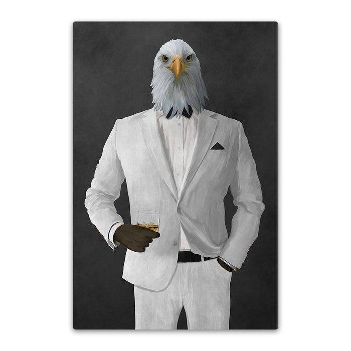 Bald eagle drinking whiskey wearing white suit canvas wall art
