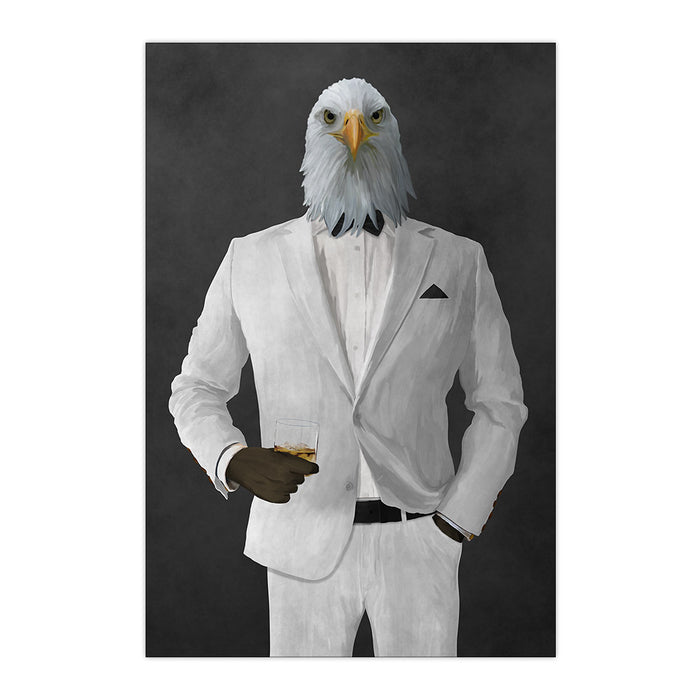 Bald eagle drinking whiskey wearing white suit large wall art print