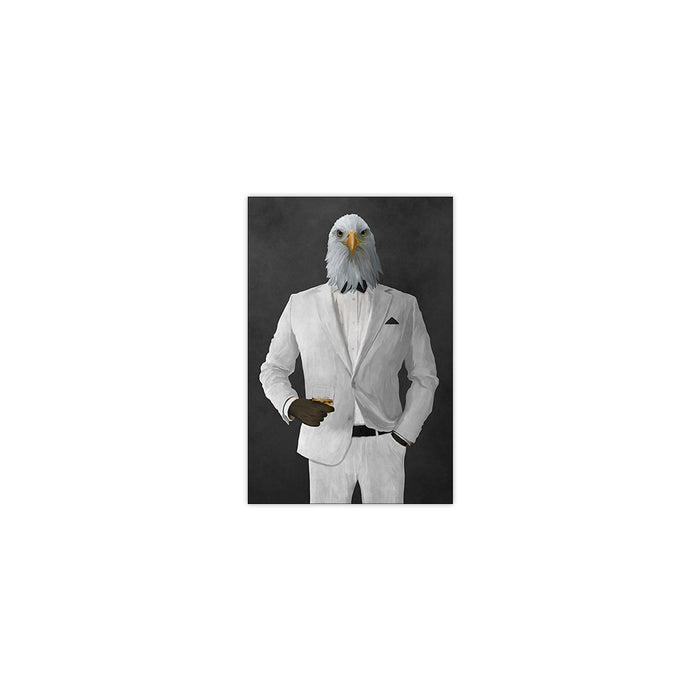 Bald eagle drinking whiskey wearing white suit small wall art print