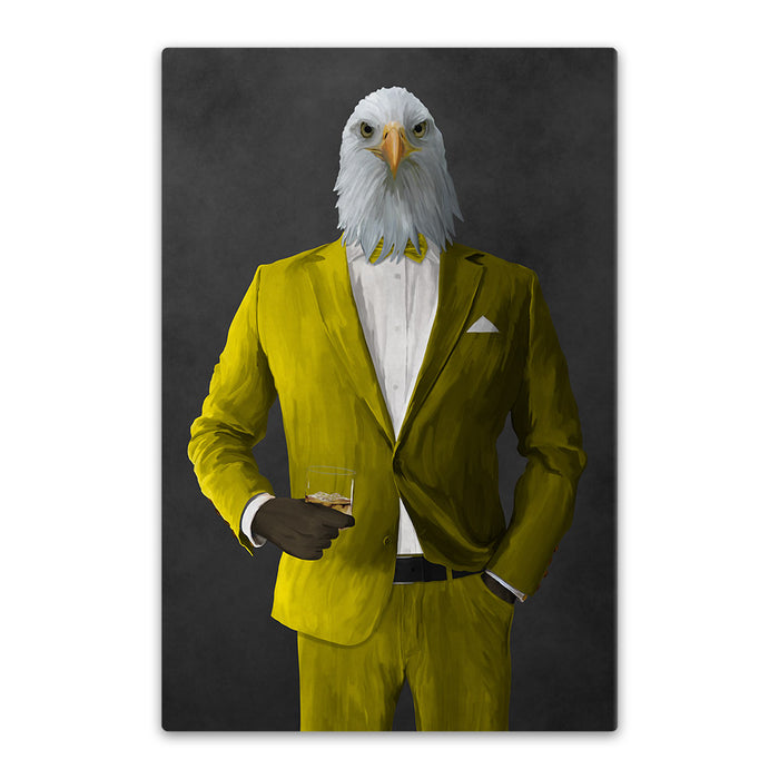 Bald eagle drinking whiskey wearing yellow suit canvas wall art