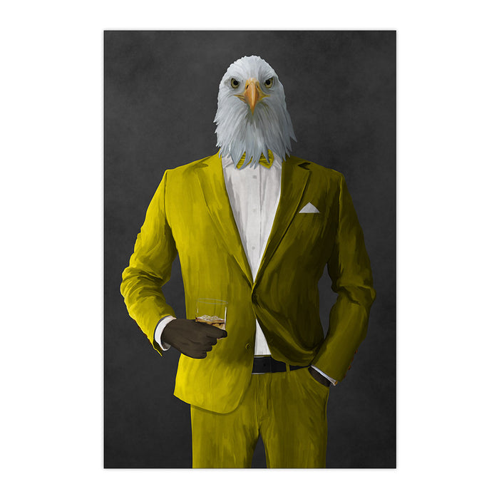 Bald eagle drinking whiskey wearing yellow suit large wall art print