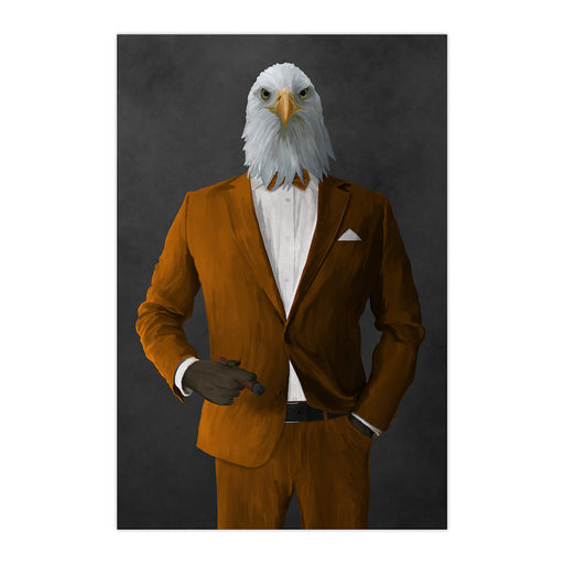 Bald eagle smoking cigar wearing orange suit large wall art print