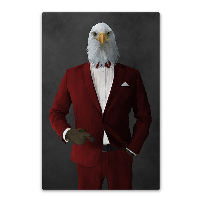 Bald eagle smoking cigar wearing red suit canvas wall art