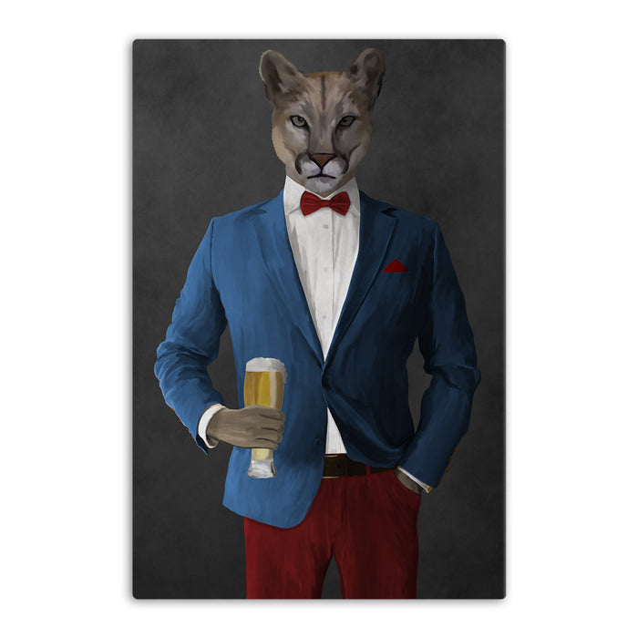 Cougar Drinking Beer Wall Art - Blue and Red Suit