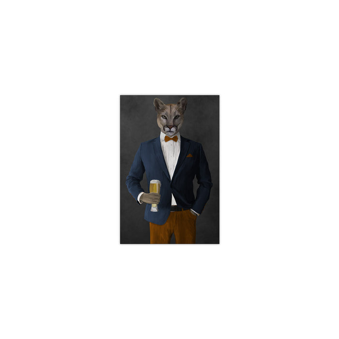 Cougar Drinking Beer Wall Art - Navy and Orange Suit