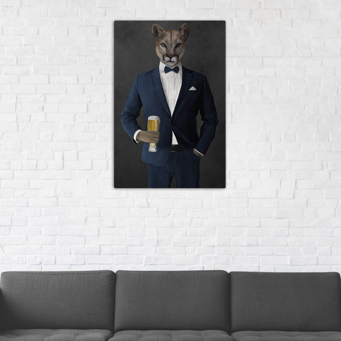 Cougar Drinking Beer Wall Art - Navy Suit
