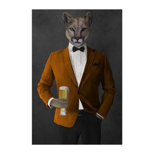 Cougar Drinking Beer Wall Art - Orange and Black Suit