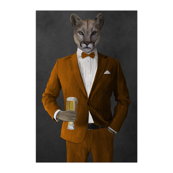 Cougar Drinking Beer Wall Art - Orange Suit