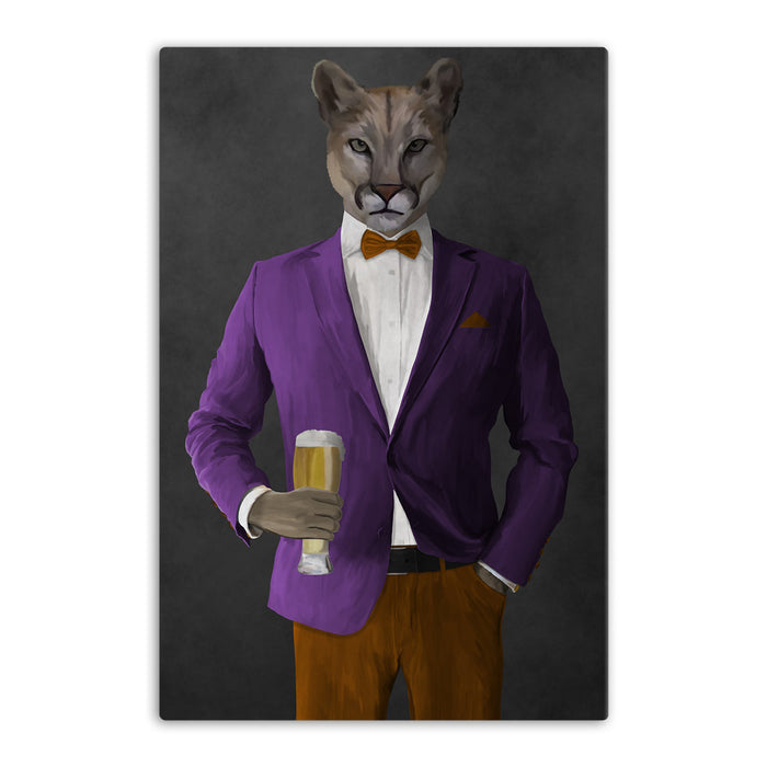 Cougar Drinking Beer Wall Art - Purple and Orange Suit